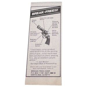 Break Free Gun Cleaner Mini Print Ad 1980 Vintage Lubricates Reduces Leading